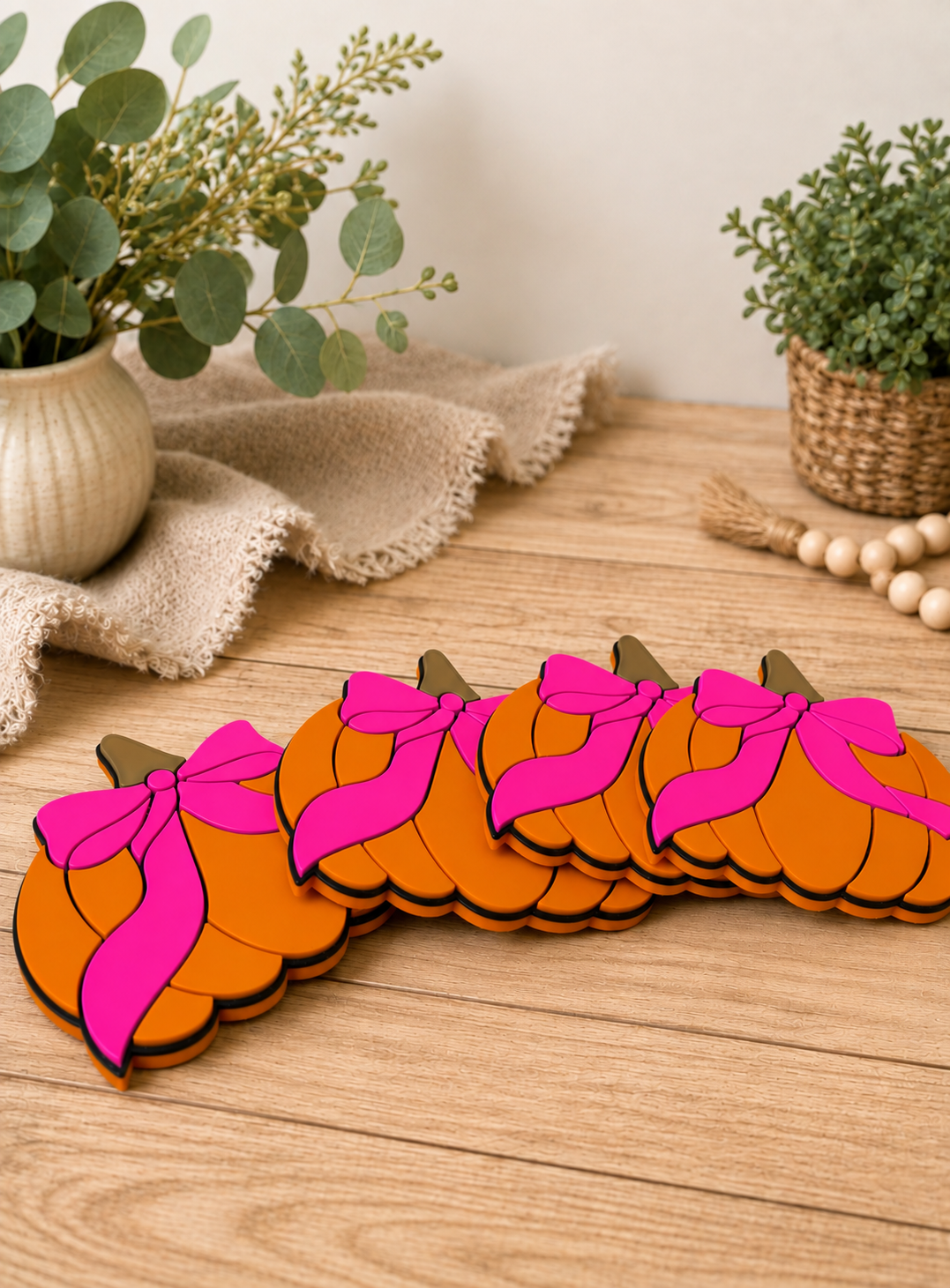 Pink Bow Pumpkin Coasters - Set Of 4