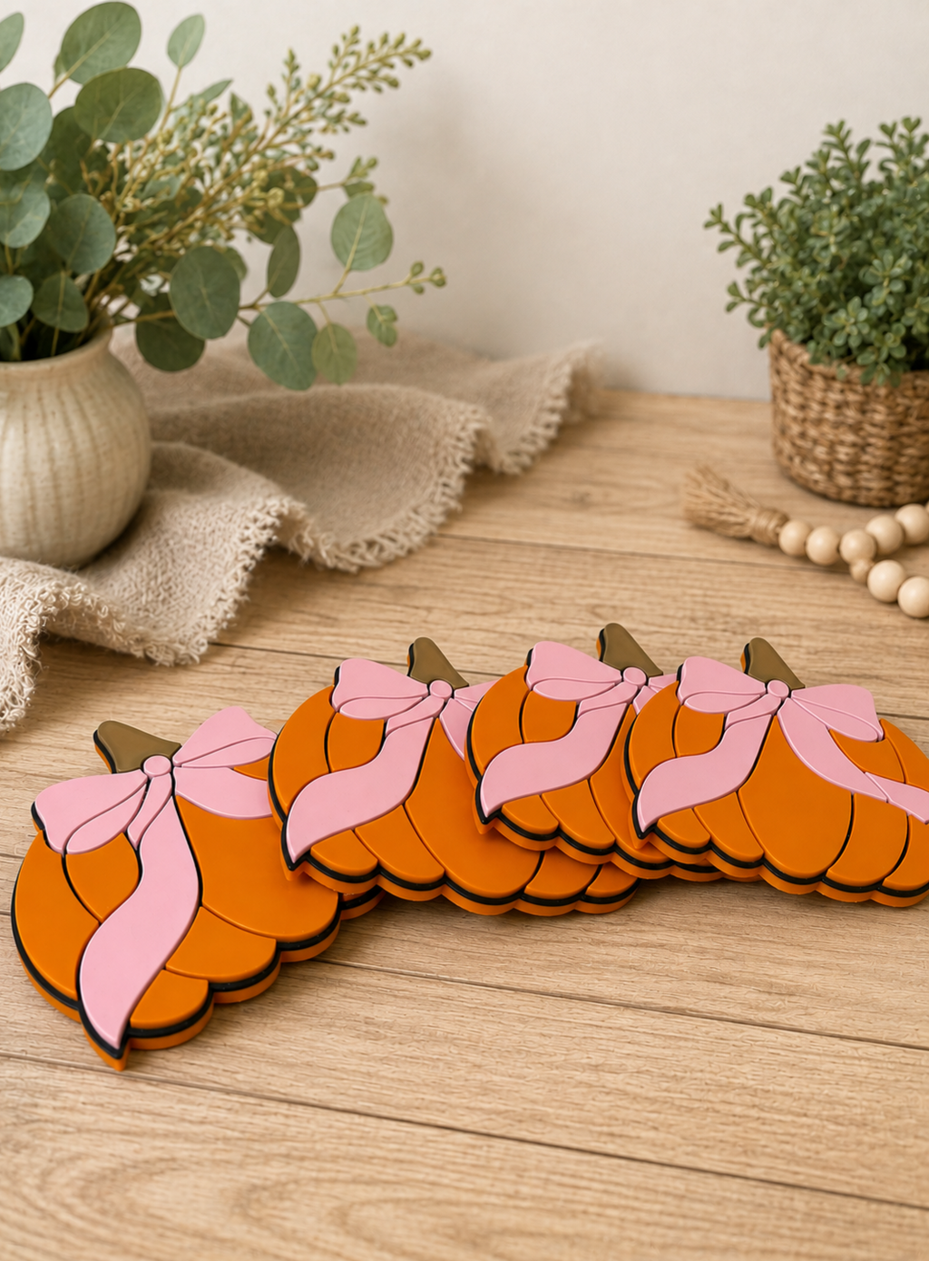 Pink Bow Pumpkin Coasters - Set Of 4